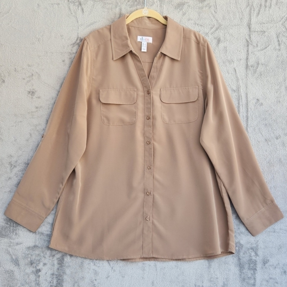 Denim & Co Blouse Womens Large Tan Roll Tab Sleeve Button Utility Tunic Top